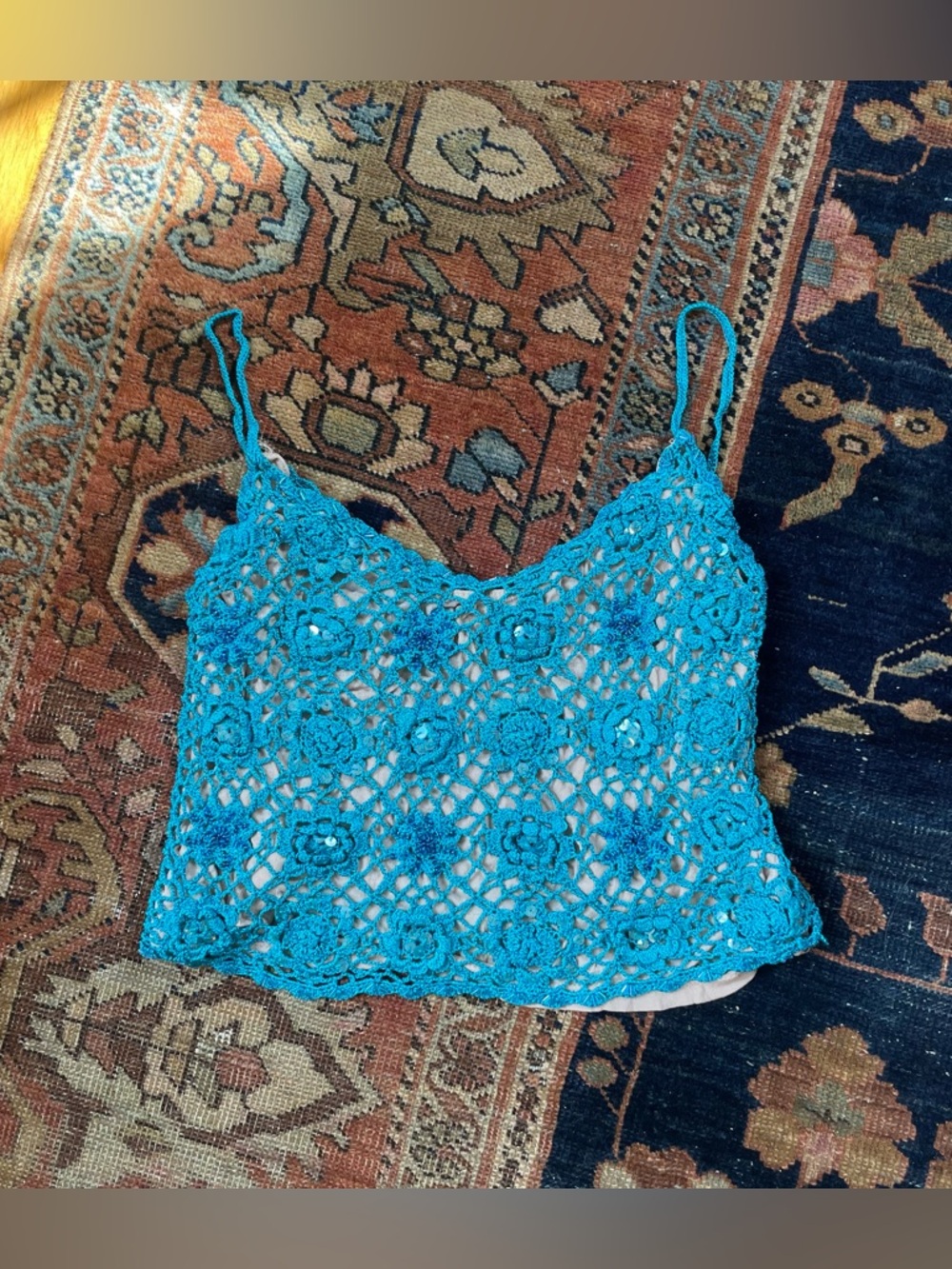 Vintage Aqua Blue Crochet Sequin Tank